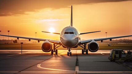 Airport land crew doing flight service for passenger airplane at sunset time. Generative AI