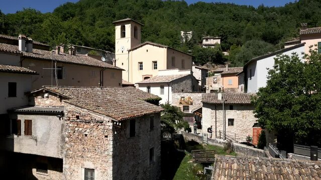 Establishing Shot Of Rasiglia, A Small Village Located In The Province Of Perugia. Aerial Ascending Shot