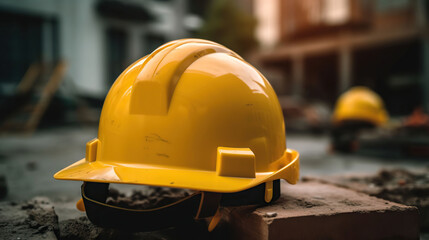 A closeup of yellow construction helmet, A beautiful construction yard in the background. Generative AI