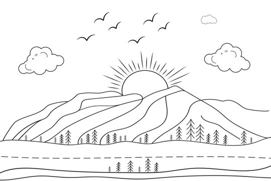 
hand-drawn line art landscape mountain view, with sun and clouds, under the river, wild beach sunset and sunrise outline waves Nature view, lake line drawing island hills, Kids drawing coloring page
