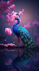 A whole body blue peacock with a screen on a branch full of pink flowers, many beautiful spectra bright golden water droplets reflected light