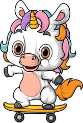 Cartoon rainbow unicorn playing skateboard