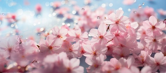 Obraz premium Close up of the Japanese sakura, cherry blossom. Wide banner, backdrop. Created using generative AI tools. 
