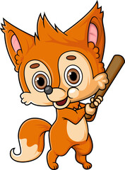 Cartoon cute little fox playing baseball