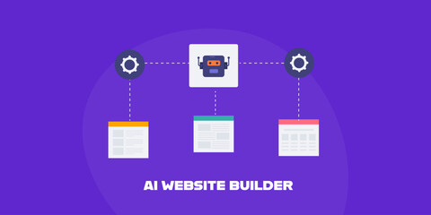 AI website builder, web design and development using artificial intelligence technology, ai bot and website layout conceptual vector illustration with purple background.