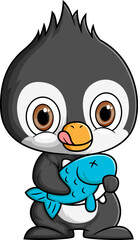 Cute penguin holding a big fish