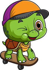 Cartoon cute baby turtle playing skateboard