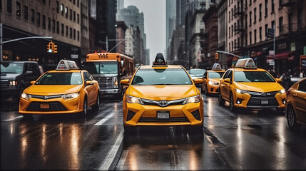 The New York City Taxi and cars in street traffic in Manhattan New York City. Rain in The City