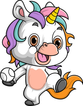 Cartoon rainbow unicorn playing ball