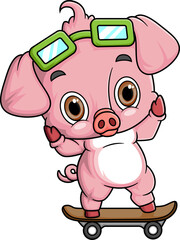 Cartoon little pig playing skateboard on white background