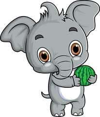 Cartoon little elephant holding grass on white background