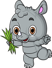 Cartoon little rhino holding grass on white background