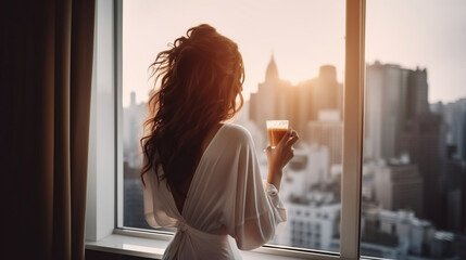 Beautiful woman holding coffee cup and looking to the window in luxury penthouse, apartments. Good morning after wake up
