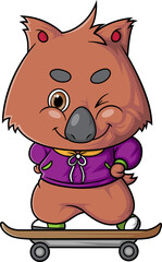 cartoon cute quokka character playing skateboard on white background
