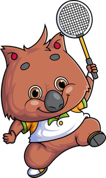 cartoon cute quokka character playing badminton on white background