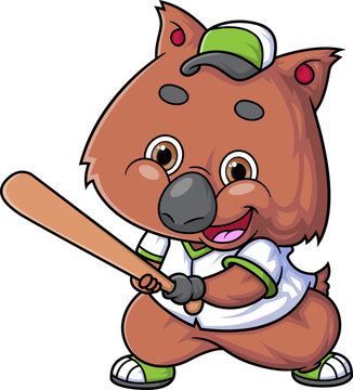 cartoon cute quokka character playing baseball on white background
