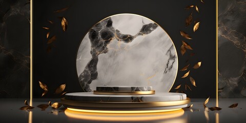 black and white round marble podium pedestal product display background with a little gold accent and gold leaf, luxury, elegant, created with Generative AI