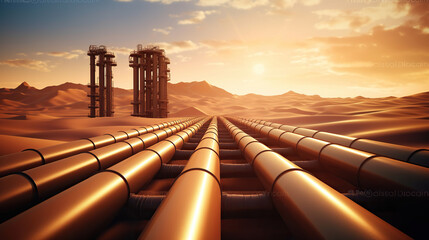 Steel Oil Pipes Refinery Sunset Desert. Generative AI