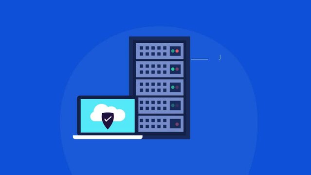 Cloud computing, online cloud security network, web hosting data transfer server location map point business technology video animation with blue background.