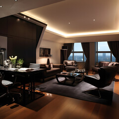 Luxury Hotel room view with high ceilings and big windows in light bronze and dark colors