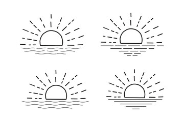 
set of hand-drawn isolated sun vectors, summer Sunrise Sunset sunshine sunlogo icon, Rising sunlight icon, Summertime sunbeam icons, line art Yellow sun collection, hot weather icons, water waves
