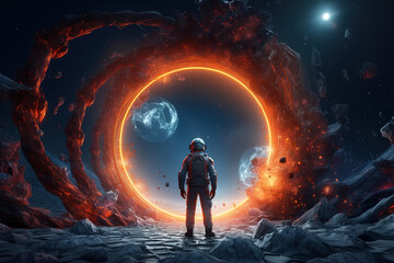 Science fiction, space exploration, interesttellar illustration. Back view of an astronaut and a glowing intergalactic portal in space, gravity and planets