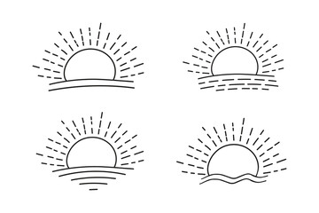 
set of hand-drawn isolated sun vectors, summer Sunrise Sunset sunshine sunlogo icon, Rising sunlight icon, Summertime sunbeam icons, line art Yellow sun collection, hot weather icons, water waves
