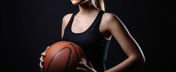 Woman basketball player standing and holding basketball ball