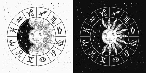 Horoscope wheel with zodiac signs, sun eclipse with crescent moon in centre. Mystical astrological illustration in vintage style.