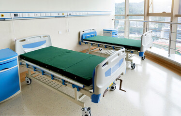 Interior of empty hospital room with two bed