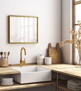 Scandinavian kitchen frame mockup, 3D render. Created with Generative AI technology