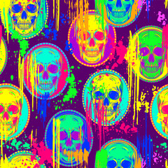 Pop art pattern with cameo with human skull. Background with paint brush strokes, smudges, blots, spattered paint of neon colors. For sports goods, prints, vinyl wrap.