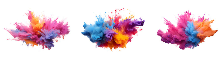 Set of Abstract explosion of colored powder colorful paint splashes  element for design, isolated on white and transparent background, ai generate