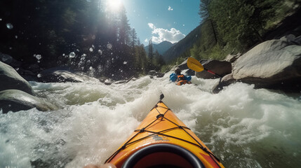 Kayaking in whitewater rapids of mountains river, extreme water sport at outdoor nature, rear view of kayaker man paddling strong river current