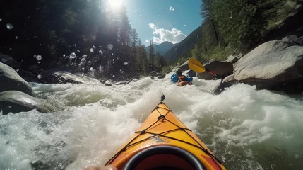 Fotobehang Kayaking in whitewater rapids of mountains river, extreme water sport at outdoor nature, rear view of kayaker man paddling strong river current © Lifia