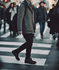 Naklejka premium Winter Stroll, Navigating the City Streets - Man's Journey through the Crosswalk Crowd