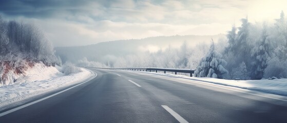 Sunny winter road covered with snow. Generative AI