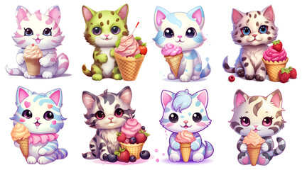 set of cute Cats with Ice Cream Waffle, isolated and transparent on Background, PNG generated ai