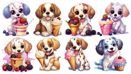 set of cute Dogs with Ice Cream Waffle, isolated and transparent on Background, PNG generated ai