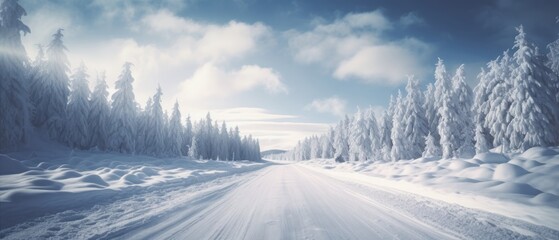 Sunny winter road covered with snow. Generative AI