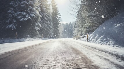Obraz premium Sunny winter road covered with snow. Generative AI