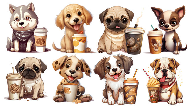 set of cute Dogs with Coffee, isolated and transparent on Background, PNG generated ai