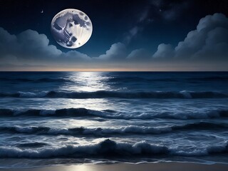 Night ocean landscape full moon and stars shine 8k
