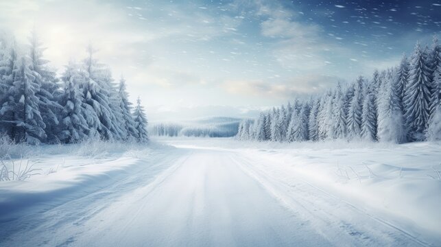 Sunny winter road covered with snow. Generative AI