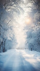 Fototapeta na wymiar Sunny winter road covered with snow. Generative AI