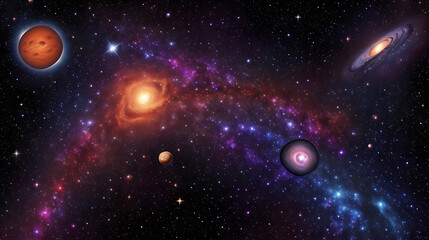 Fototapeta na wymiar Universe, galaxy, space background. Nebula, planets, starts, suns, and planets colorful wallpaper. Science, astronomy telescope view. 