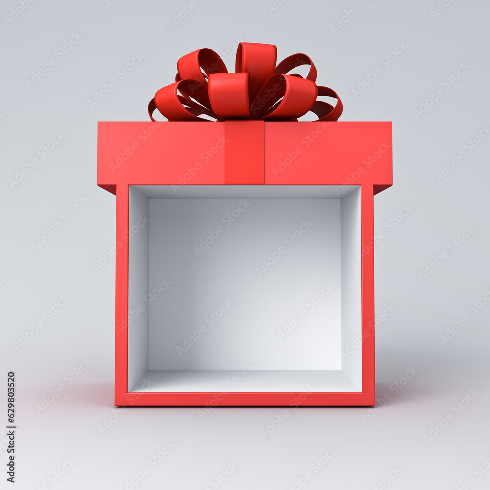 Aufkleber Exhibition booth or blank gift box product display showcase mock up stand with red ribbon bow isolated on white grey background with shadow minimal conceptual 3D rendering