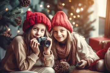 two happy little girls in winter outfit near Christmas tree with camera.