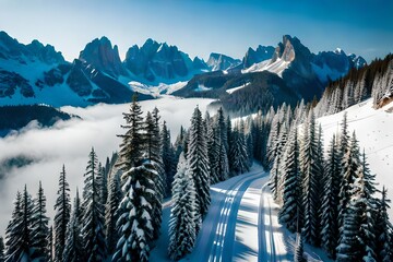 Top aerial view of snow mountain landscape with trees and road. AI generated