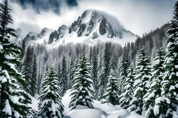 Snow covered mountain peak framed by evergreen trees